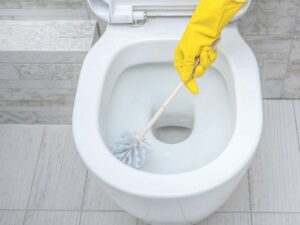 mano che pulisce wc